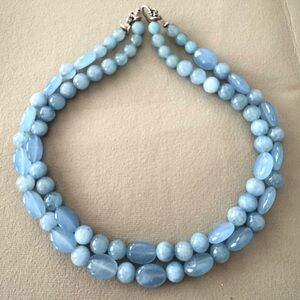 Angelite Gemstone Double Strand Blue Beaded Necklace Toggle Clasp